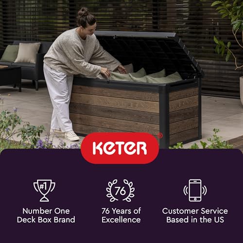 Keter City 30 Gallon Resin Outdoor Storage Box and Patio Furniture Side Table for Pool and Garden Accessories, Dark Grey