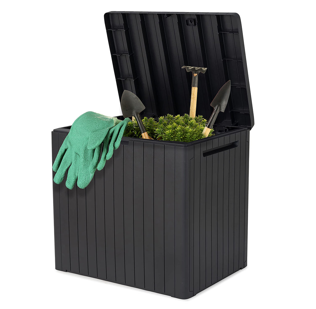 Keter City 113L Outdoor 96% recycled Small Balcony Garden Furniture Storage Box Grey Wood Panel Effect | Fade Free | All Weather Resistant | Safe and Secure | Zero Maintenance | 2 year Warranty