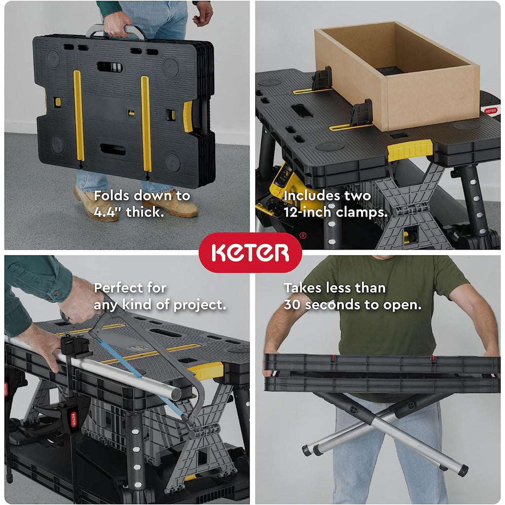 Keter Folding Work Table, Portable Workbench w/ 12" Clamps for Garage/Wood Shop