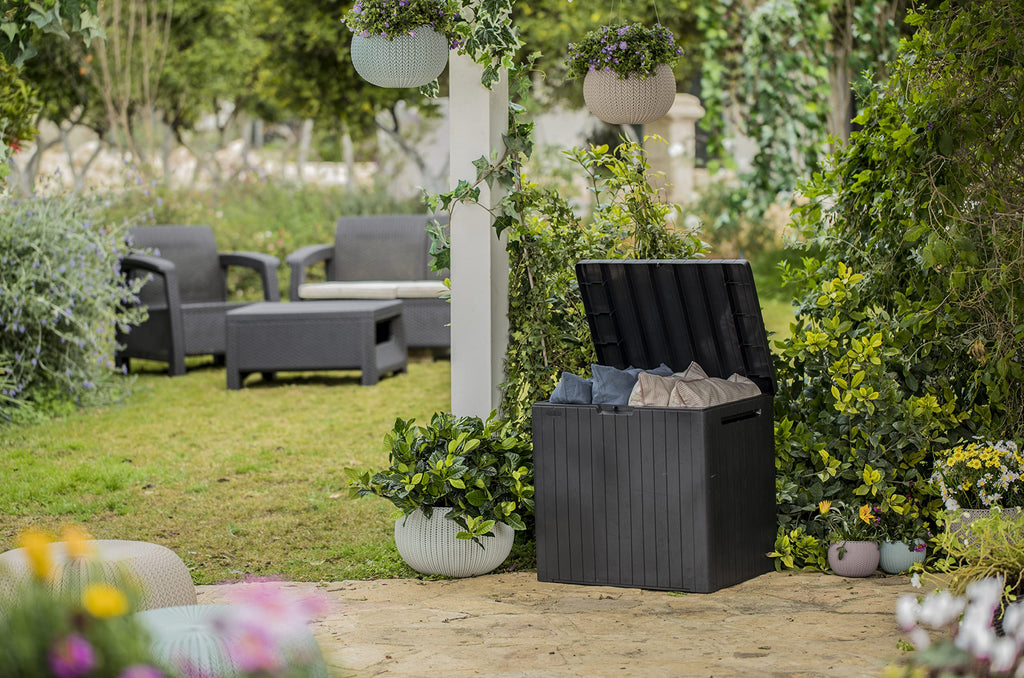 Keter City 113L Outdoor 96% recycled Small Balcony Garden Furniture Storage Box Grey Wood Panel Effect | Fade Free | All Weather Resistant | Safe and Secure | Zero Maintenance | 2 year Warranty